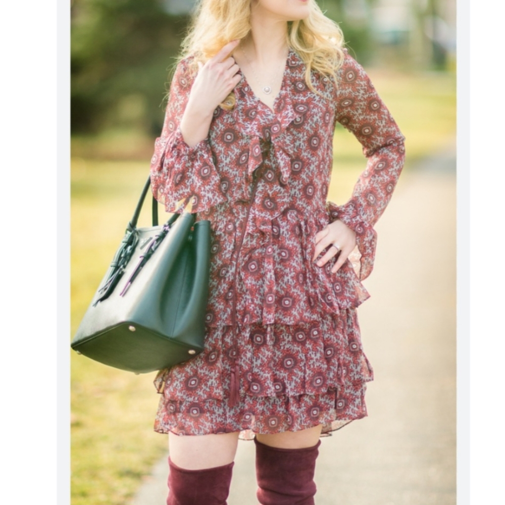 100% SILK CINQ A SEPT JASMINE PRINT BURGUNDY/MULTI MINI DRESS SIZE XS